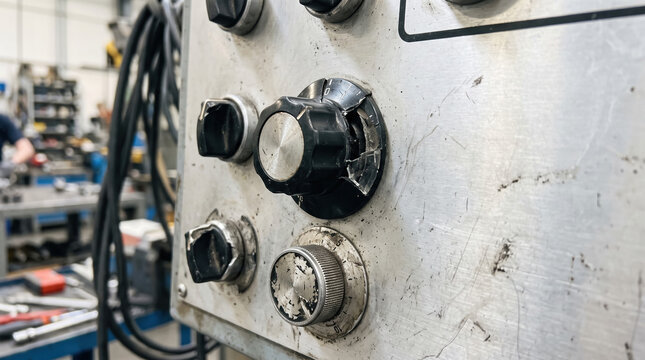 Closeup of broken control board dials and knobs on industrial machinery. Control board features damaged components, revealing intricate mechanical workings, conveying themes of maintenance and repair.