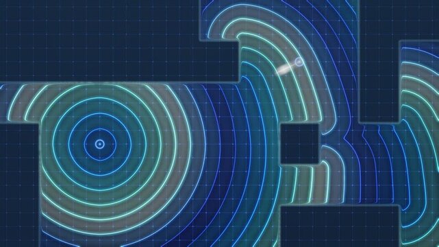 Pathfinding wavefront expanding around grid obstacles with rainbow cost contours seamless loop in soft blue tones