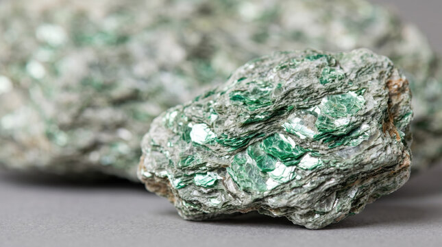 Fuchsite mica green schist rock with shimmering green crystals on gray background. Fuchsite mica features layered texture and mineral structure, showcasing natural beauty and crystalline formations.