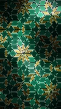 Penrose Aperiodic Rhombus Tiling Geometric Mosaic Background Seamless Loop in calm emerald tones vertical 9:16