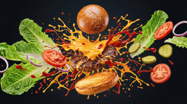 Delicious burger ingredients exploding in a vibrant splash of flavors