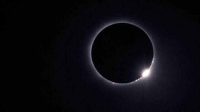 Total solar eclipse showcasing diamond ring effect and prominences during totality