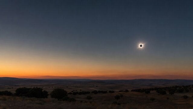 Total solar eclipse creating a corona effect over a dry landscape in spain