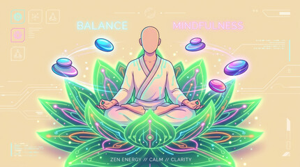 Obraz premium Person meditating on a vibrant lotus flower, symbolizing balance and mindfulness