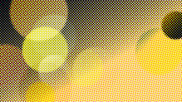Halftone glass texture retro cmyk halftone dot pattern background with abstract yellow glowing light bokeh circles, vintage pop art comic book print texture effect