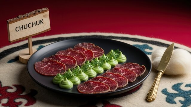 Gourmet Chuchuk air-dried beef slices with yogurt gel, elegant traditional presentation with deep red copy space