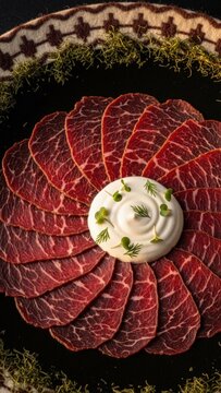 Gourmet Chuchuk air-dried beef slices with yogurt gel, minimalist presentation with deep red copy space