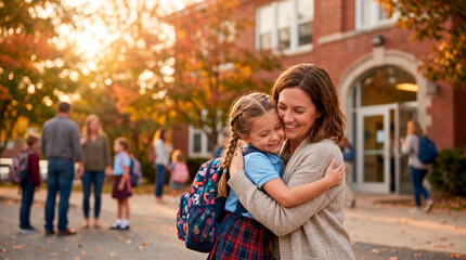 Fototapeta premium Mother hugging daughter in front of school. Parent saying goodbye to child on first day of class. Family morning routine, back to school concept. Education and academic success.