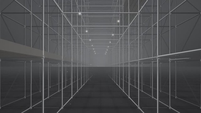 Construction Scaffolding Steel Pipe Frame Grid Corridor Perspective Industrial Building Site Background Seamless Loop in vibrant black tones