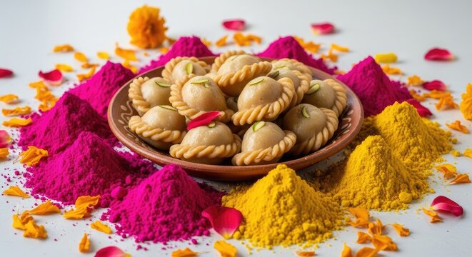 Traditional Indian Sweet Gujiya Surrounded by Vibrant Holi Colors.