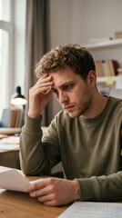 Fototapeta premium Stressed student reading document at desk. Tired young man studying for college exam feeling academic pressure. Mental exhaustion and learning difficulty in home office environment.