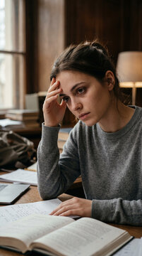 Tired woman student studying at desk with books. Exhausted girl reading textbook and preparing for exam. Academic stress in college library. Mental pressure and burnout during education.