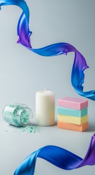 A minimalist candle, stacked soaps, and bath salts arranged elegantly on light gray, framed by a floating loop of liquid silk ribbon, calm, liquid, shadow
