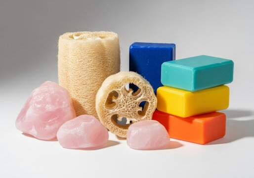 A minimalist studio shot of a raw loofah sponge, unpolished rose quartz stones, and artisanal colorful soap bars on a hidden pedestal, hidden, spa, neutral tones