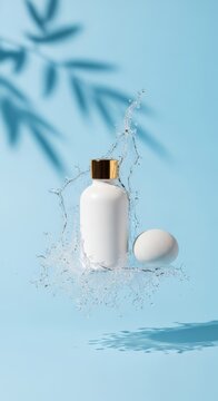 A minimalist luxury wellness display floats among crisp water droplets with soft leaf shadows dancing across a clean light blue backdrop, organic, modern, fresh