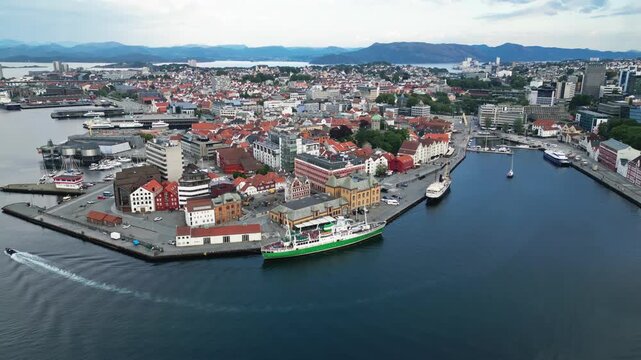 Aerial view of the historic waterfront and harbor in Stavanger, Rogaland, Norway.