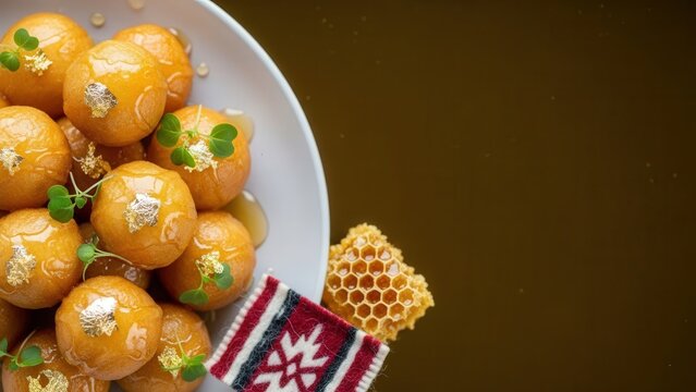 Gourmet Borsok fried dough puffs with honey gel and edible gold, minimalist presentation with deep gold copy space