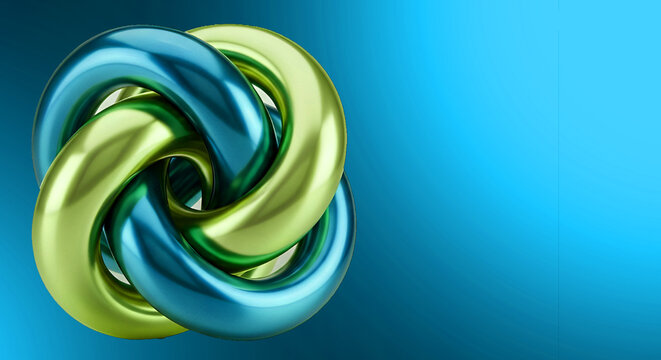 Abstract 3d illustration of an interlocking knot shape with metallic blue and lime green surfaces against a smooth gradient background