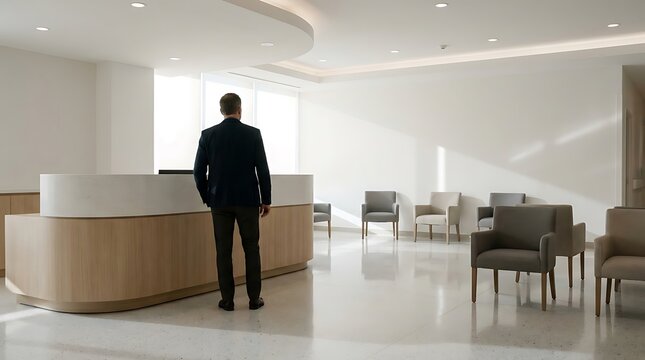 Businessman in a modern, minimalist office lobby with a reception desk and seating area, bathed in natural light.