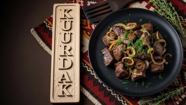Gourmet Kuurdak beef offal stir-fry with caramelized onions, elegant traditional presentation with deep brown copy space