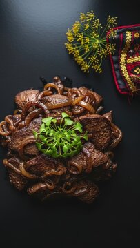 Gourmet Kuurdak beef offal stir-fry with caramelized onions, minimalist presentation with deep brown copy space