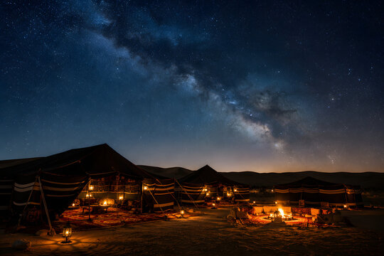 Traditional Bedouin Tent Camp Under Starry Desert Sky