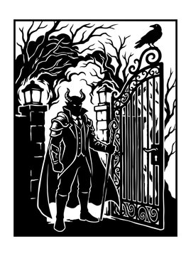 Horned demon gentleman in suit standing at wrought iron estate gate vector line art