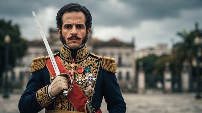 Close detalhado e dram&aacute;tico de Dom Pedro I com express&atilde;o decidida e solene segurando sua espada militar com o cen&aacute;rio hist&oacute;rico do Ipiranga ao fundo sob c&eacute;u nublado e imponente