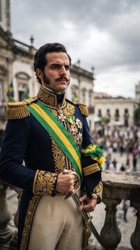 Close detalhado e dram&aacute;tico de Dom Pedro I com express&atilde;o decidida e solene segurando sua espada militar com o cen&aacute;rio hist&oacute;rico do Ipiranga ao fundo sob c&eacute;u nublado e imponente