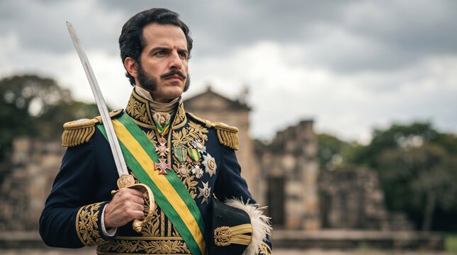 Close detalhado e dram&aacute;tico de Dom Pedro I com express&atilde;o decidida e solene segurando sua espada militar com o cen&aacute;rio hist&oacute;rico do Ipiranga ao fundo sob c&eacute;u nublado e imponente