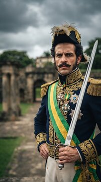 Close detalhado e dram&aacute;tico de Dom Pedro I com express&atilde;o decidida e solene segurando sua espada militar com o cen&aacute;rio hist&oacute;rico do Ipiranga ao fundo sob c&eacute;u nublado e imponente