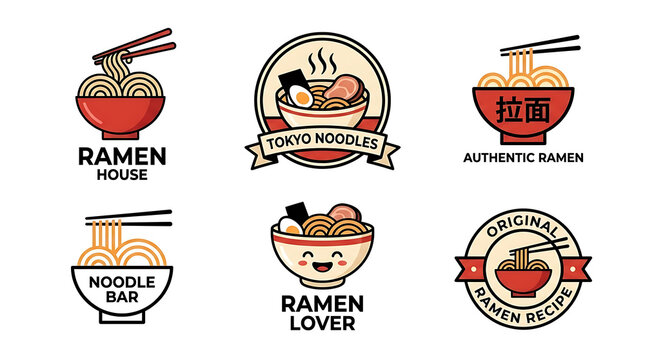 Japanese ramen noodle soup bowl set, artistic vector illustration for culinary branding, creative asian food logo design collection isolated on white background, delicious pasta meal icon.