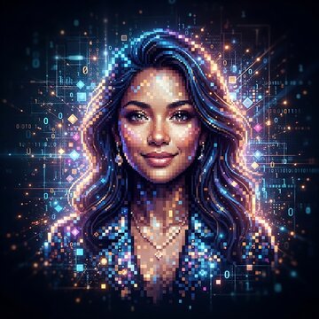 A digital art portrait of a confident woman, adorned with glowing pixels and circuitry, embodying the fusion of technology and human brilliance.