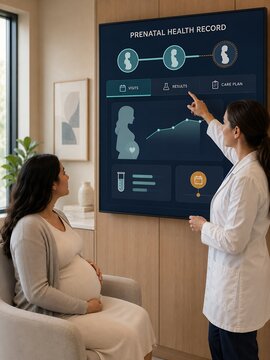 An electronic health record system displayed on a large wall screen during a prenatal consultation with a doctor.