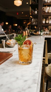 A meticulously crafted cocktail, garnished with fresh mint and a dehydrated blood orange slice, rests on a polished marble bar counter in a dimly lit, sophisticated lounge.