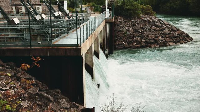 Hydroelectric dam spillway with powerful water discharge and rocky riverbank