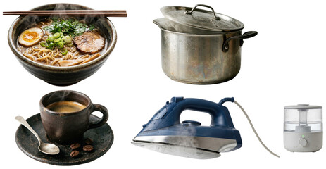 Obraz premium A set of everyday household and kitchen items releasing visible steam, from appliances and cookware to a warm drink and noodle bowl.