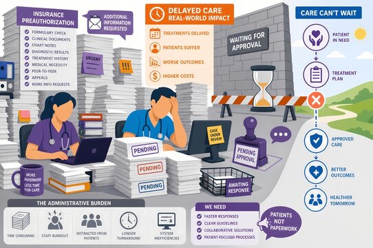 Insurance Preauthorization Delays Administrative Burden and Healthcare Burnout Illustration