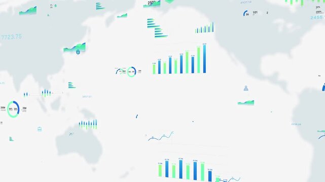 Business intelligence and financial performance analysis report on world map, random animated infographic bar chart, investment data analytic graph dashboard, corporate finance market statistics trend
