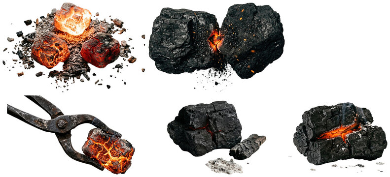 A collection of glowing coal pieces, charred fragments, and ash with ember cracks and smoke.