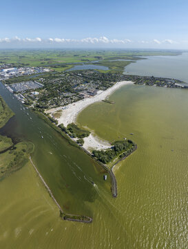 Aerial view of De Holle Poarte beach and marina in Makkum, Friesland, Netherlands.