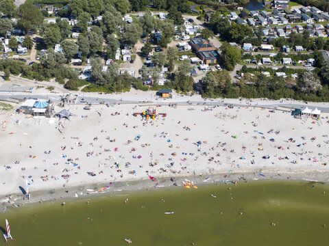 Aerial view of De Holle Poarte beach in Makkum, Friesland, Netherlands.