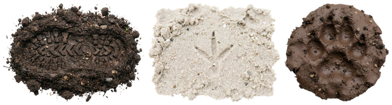 A set of animal and human footprints showing paw, boot, and bird tracks in different natural ground textures.
