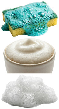 A set of foamy textures including milk foam, detergent suds, and sea foam with glossy bubbles and clean white highlights.