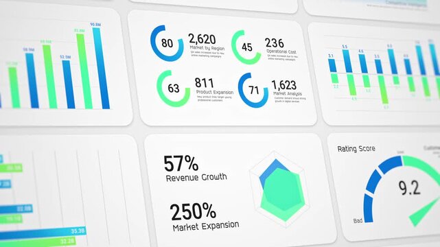 Closeup blue green infographic chart dashboard, Business intelligence and financial performance analysis report, investment data analytic bar graph, success corporate market statistics trend