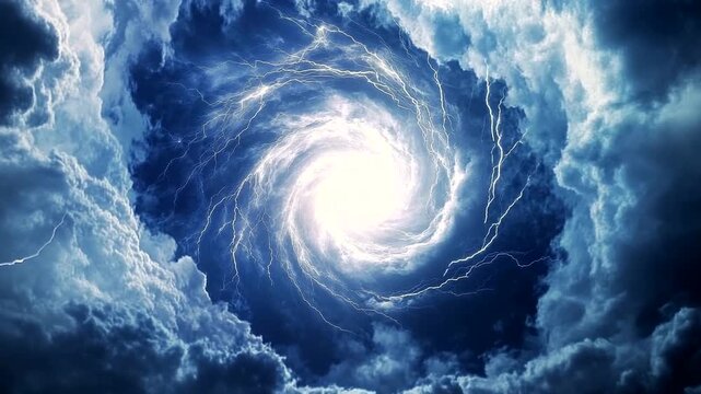Dramatic swirling storm clouds with bright lightning