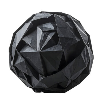 Black paper sphere with sharp geometric creases and wrinkled texture forming a modern abstract sculptural art object&nbsp;