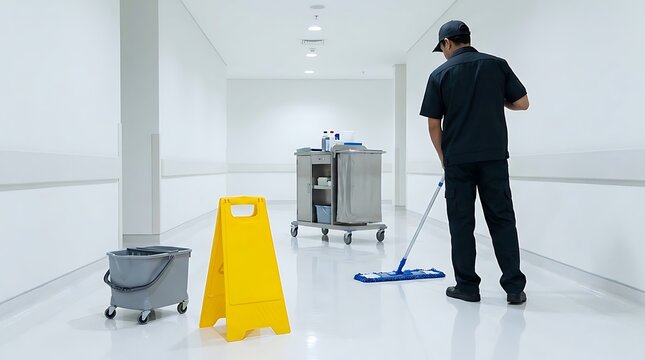 Janitor Mopping a Clean, Bright Hallway with Cleaning Cart and Wet Floor Sign.