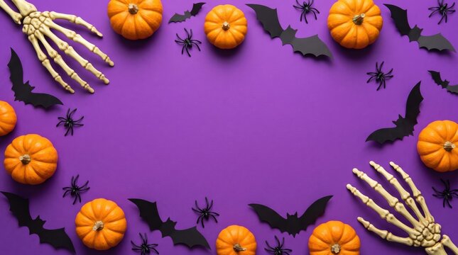 A festive halloween background framed with miniature pumpkins spooky bats and skeleton hands on a vibrant purple surface
