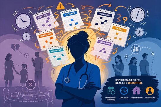 Healthcare Irregular Shift Scheduling Nurse Burnout and Family Disruption Illustration